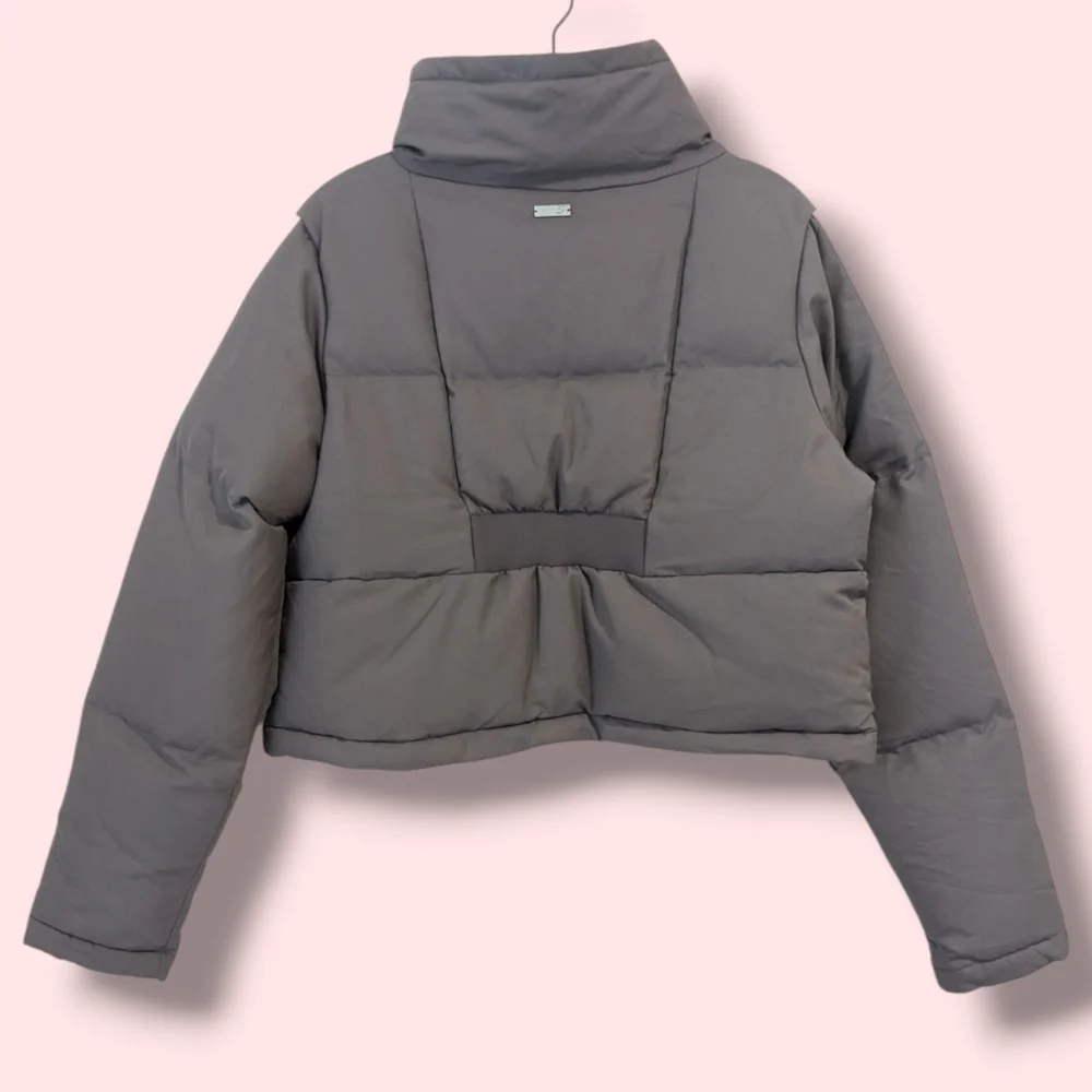 Gymshark Grey Oversized Cropped High Neck Full Zip Canvas Puffer Jacket